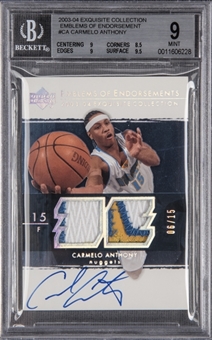 2003-04 UD "Exquisite Collection" Emblems of Endorsement #CA Carmelo Anthony Signed Rookie Card (#06/15) - BGS MINT 9/BGS 10